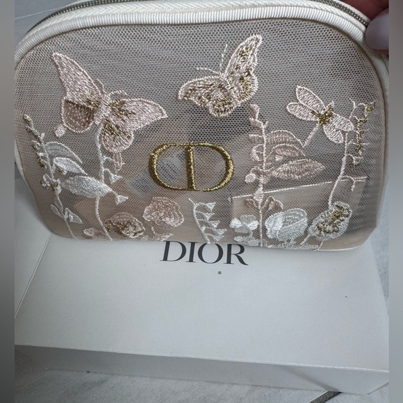 Dior Beige and Gold Embroidered Cosmetic Bag - Picture 1 of 3